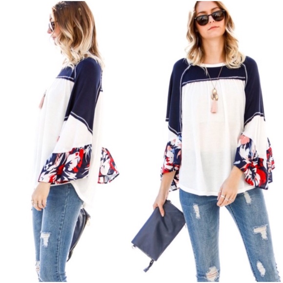 LAST ONE! Navy & White Top w/ Floral Sleeves - Picture 2 of 7